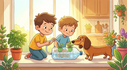 Kids building a DIY hydroponic bottle system in a sunny kitchen