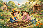 Children planting seeds together in a backyard garden