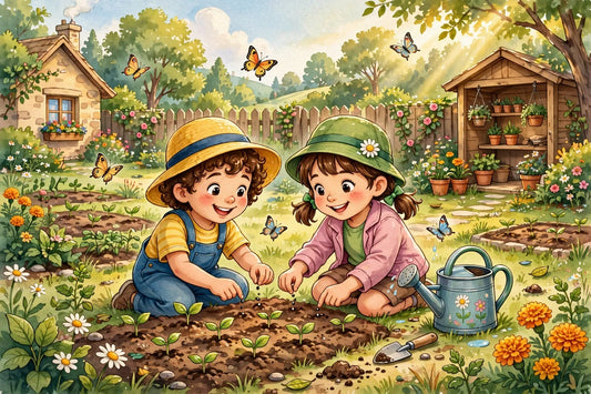 Children planting seeds together in a backyard garden