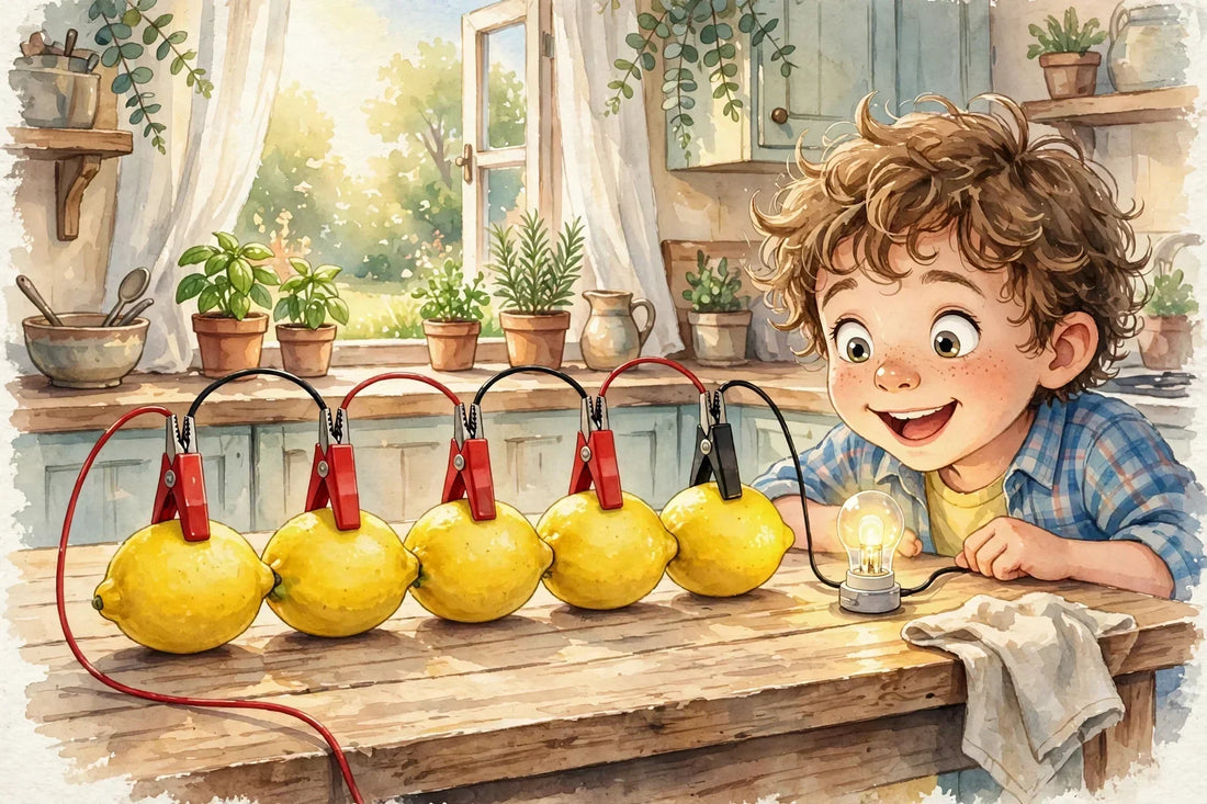 Child building a lemon battery with copper and zinc electrodes to power an LED