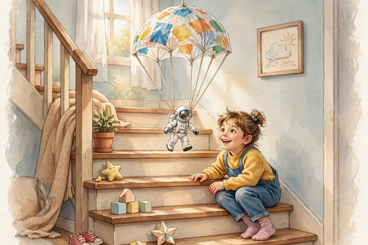 Child dropping a homemade toy parachute from a staircase